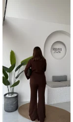 Damla Düğmeli Triko Takım - Kahverengi