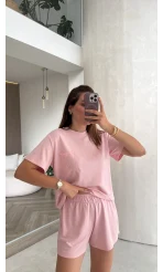 Dantel Cepli Şortlu Takım - Pembe - Kod: 4138