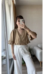 Dantel Detay Camel Fırfırlı Bluz