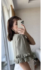 Dantel Detay Haki Fırfırlı Bluz