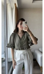 Dantel Detay Haki Fırfırlı Bluz