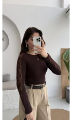 Dantel Detay Parmak Geçmeli Body - Acı Kahve