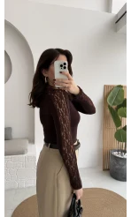 Dantel Detay Parmak Geçmeli Body - Acı Kahve