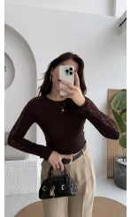 Dantel Detay Parmak Geçmeli Body - Acı Kahve