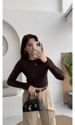 Dantel Detay Parmak Geçmeli Body - Acı Kahve