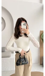 Dantel Detay Parmak Geçmeli Body - Ekru