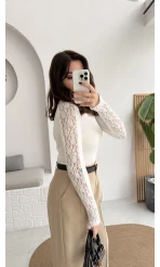 Dantel Detay Parmak Geçmeli Body - Ekru