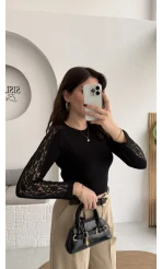 Dantel Detay Parmak Geçmeli Body - Siyah