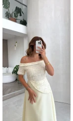 Dantel Detay Prenses Elbise - Ekru - Kod: 3249