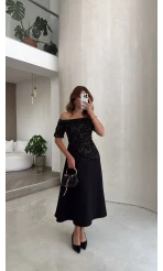 Dantel Detay Prenses Elbise - Siyah - Kod: 3249