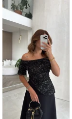 Dantel Detay Prenses Elbise - Siyah - Kod: 3249