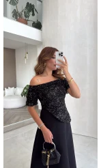 Dantel Detay Prenses Elbise - Siyah - Kod: 3249