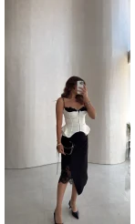 Dantel Detaylı Drapeli Midi Etek - Siyah - Kod: 041251