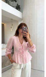 Dantel Şerit Detay Bağlamalı Gömlek - Pembe - Kod: 1074