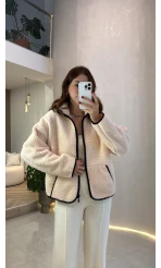 Deer Baskılı Polar Hırka - Ekru - Kod: 23303