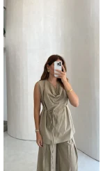 Degaje Yaka Bağcıklı Takım - Vizon - Kod: 9159
