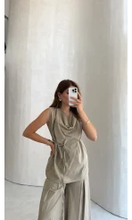 Degaje Yaka Bağcıklı Takım - Vizon - Kod: 9159