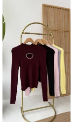 Dekolteli Kalp Detay Taşlı Triko Body - Bordo - Kod: 4810