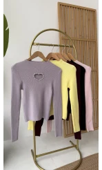 Dekolteli Kalp Detay Taşlı Triko Body - Lila - Kod: 4810