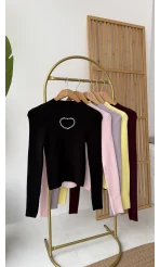 Dekolteli Kalp Detay Taşlı Triko Body - Siyah - Kod: 4810