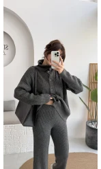 Delaney Boğazlı Triko Hırka Takım - Antrasit