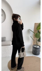 Delaney Boğazlı Triko Hırka Takım - Siyah