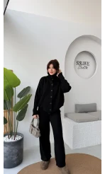 Delaney Boğazlı Triko Hırka Takım - Siyah