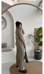 Delaney Boğazlı Triko Hırka Takım - Vizon