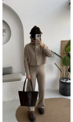 Delaney Boğazlı Triko Hırka Takım - Vizon