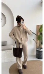 Delaney Boğazlı Triko Hırka Takım - Vizon