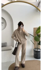 Delaney Boğazlı Triko Hırka Takım - Vizon