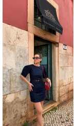 Denim Balon Kol Mini Elbise - Lacivert