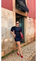 Denim Balon Kol Mini Elbise - Lacivert