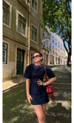 Denim Balon Kol Mini Elbise - Lacivert