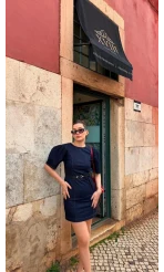 Denim Balon Kol Mini Elbise - Lacivert