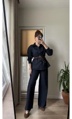 Denim Deri Kuşaklı Takım