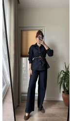 Denim Deri Kuşaklı Takım