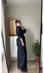 Denim Deri Kuşaklı Takım