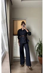 Denim Deri Kuşaklı Takım