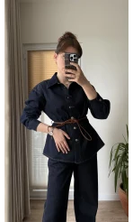 Denim Deri Kuşaklı Takım