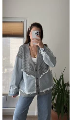 Denim Detay Gri Hırka