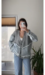 Denim Detay Gri Hırka