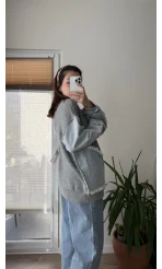 Denim Detay Gri Hırka