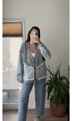 Denim Detay Gri Hırka