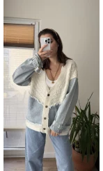 Denim Detay Kırık Beyaz Hırka