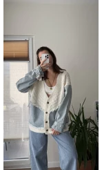 Denim Detay Kırık Beyaz Hırka