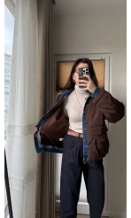 Denim Detay Şişme Mont Acı Kahve