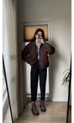 Denim Detay Şişme Mont Acı Kahve