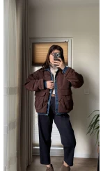 Denim Detay Şişme Mont Acı Kahve