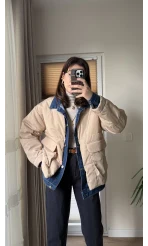 Denim Detay Şişme Mont Bej